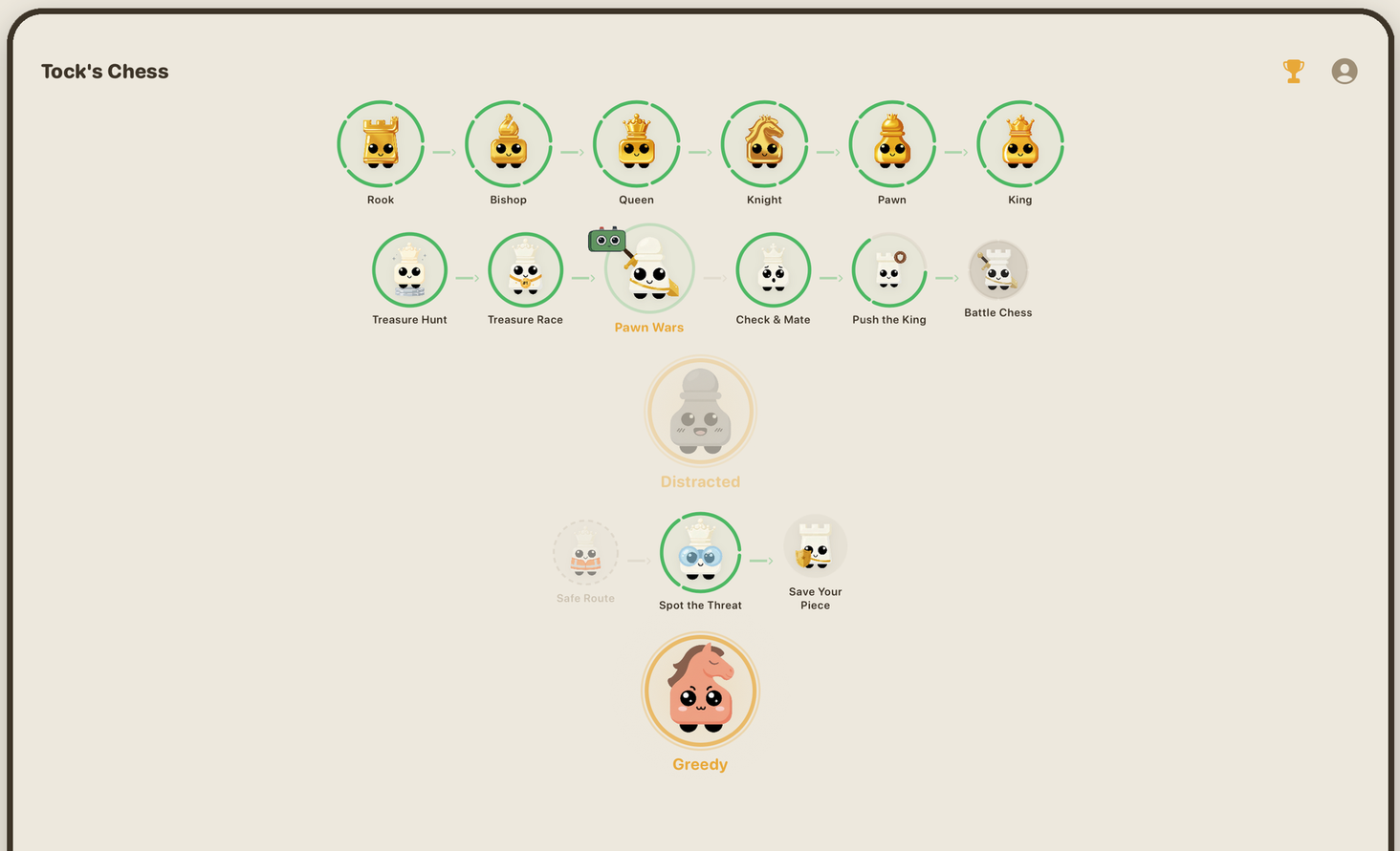 The Tock's Chess home screen: a winding path of circular stops, each marked with a smiling chess piece or character, from Rook to full chess.
